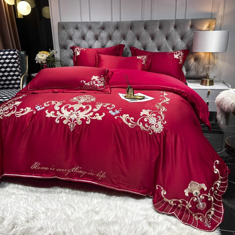 Ensemble de Linge de Lit de Luxe Européen en Satin Haut de Gamme pour Mariage 4 Pièces - IVOIRART.COM