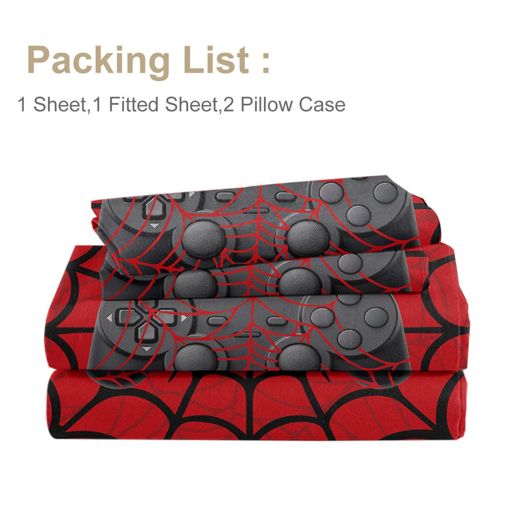 Ensemble de Lit Gamer 4 pièces Rouge avec Motif Toile d'Araignée, 1 Drap Plat, 1 Drap - Housse, 2 Taies d'Oreiller - IVOIRART.COM