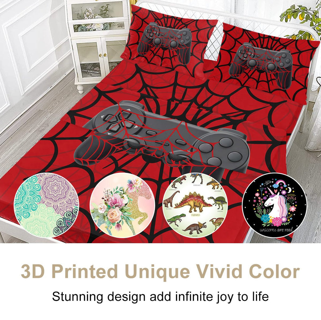 Ensemble de Lit Gamer 4 pièces Rouge avec Motif Toile d'Araignée, 1 Drap Plat, 1 Drap - Housse, 2 Taies d'Oreiller - IVOIRART.COM