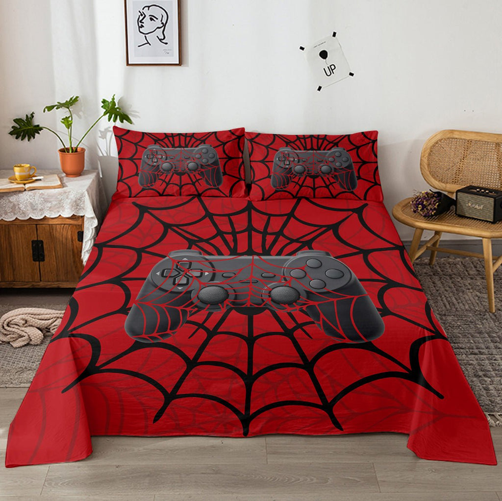 Ensemble de Lit Gamer 4 pièces Rouge avec Motif Toile d'Araignée, 1 Drap Plat, 1 Drap - Housse, 2 Taies d'Oreiller - IVOIRART.COM