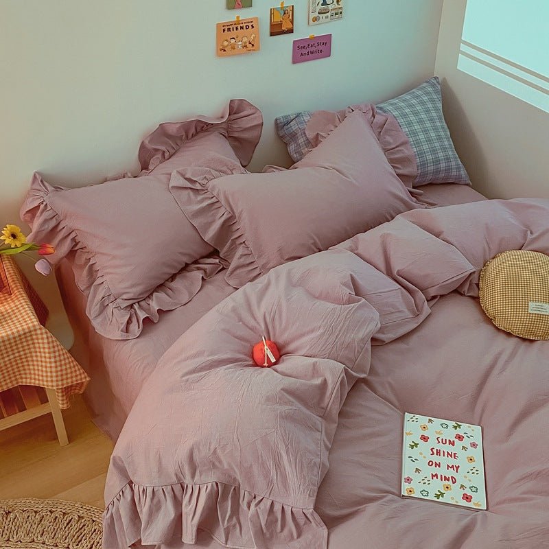 Ensemble de literie coréenne crème 4 pièces en coton lavé 100% coton simple INS - IVOIRART.COM