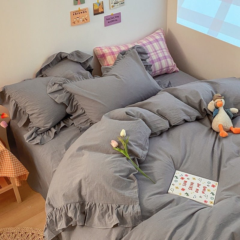 Ensemble de literie coréenne crème 4 pièces en coton lavé 100% coton simple INS - IVOIRART.COM