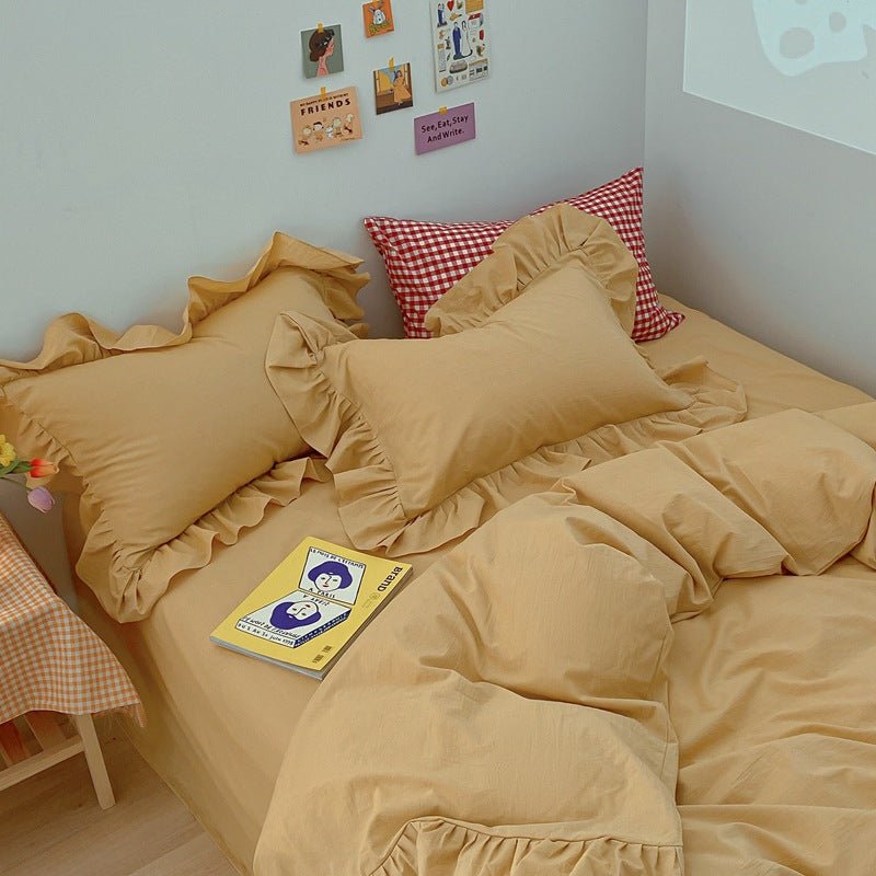 Ensemble de literie coréenne crème 4 pièces en coton lavé 100% coton simple INS - IVOIRART.COM