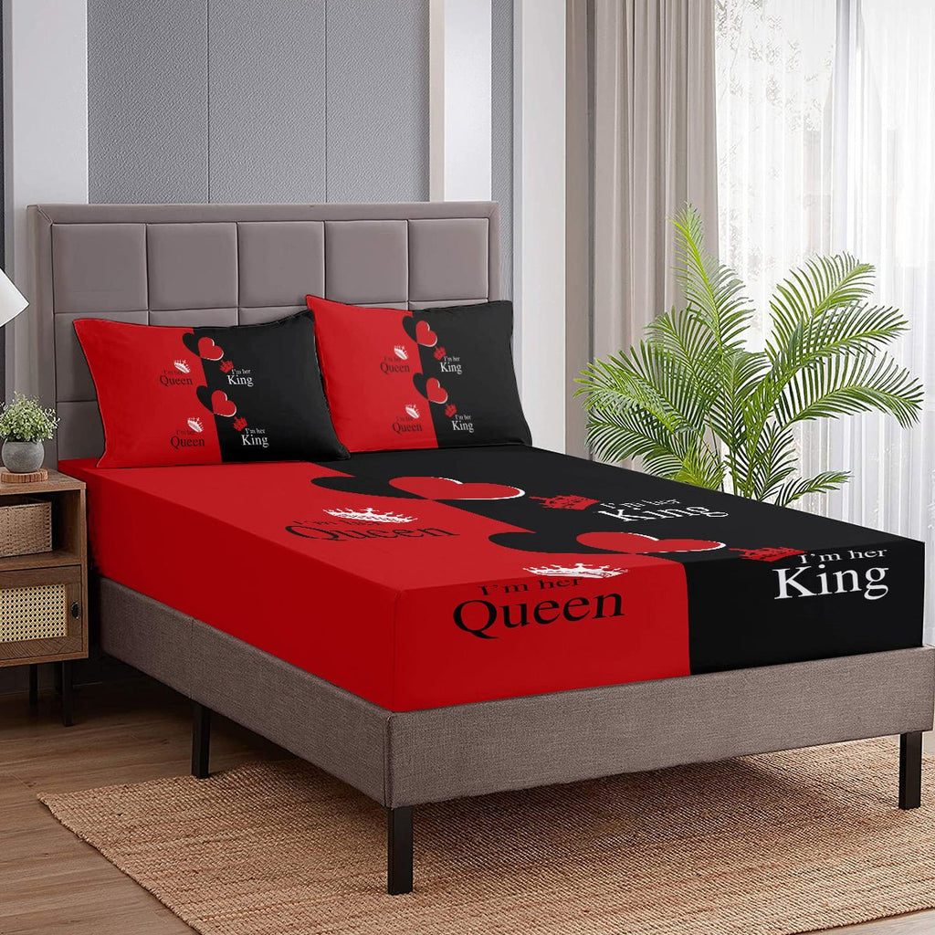 Ensemble de Literie Romantique Cœurs Amour Roi et Reine avec Drap - Housse 3 Pièces et 2 Taies d'Oreiller - IVOIRART.COM