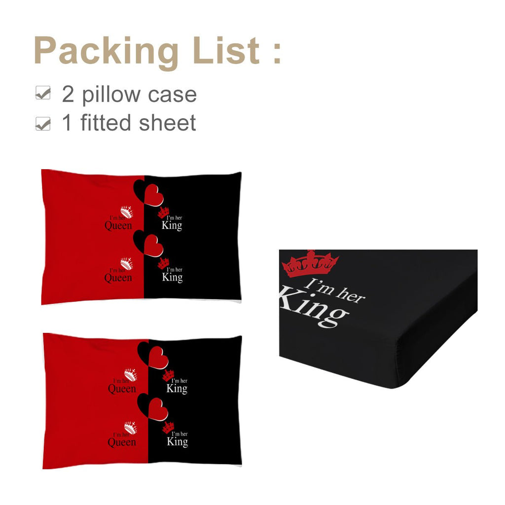 Ensemble de Literie Romantique Cœurs Amour Roi et Reine avec Drap - Housse 3 Pièces et 2 Taies d'Oreiller - IVOIRART.COM