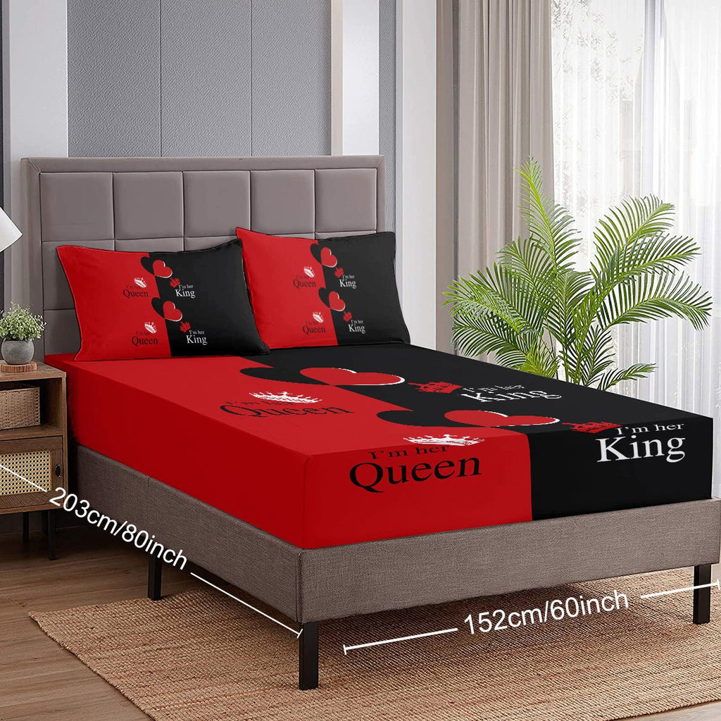 Ensemble de Literie Romantique Cœurs Amour Roi et Reine avec Drap - Housse 3 Pièces et 2 Taies d'Oreiller - IVOIRART.COM