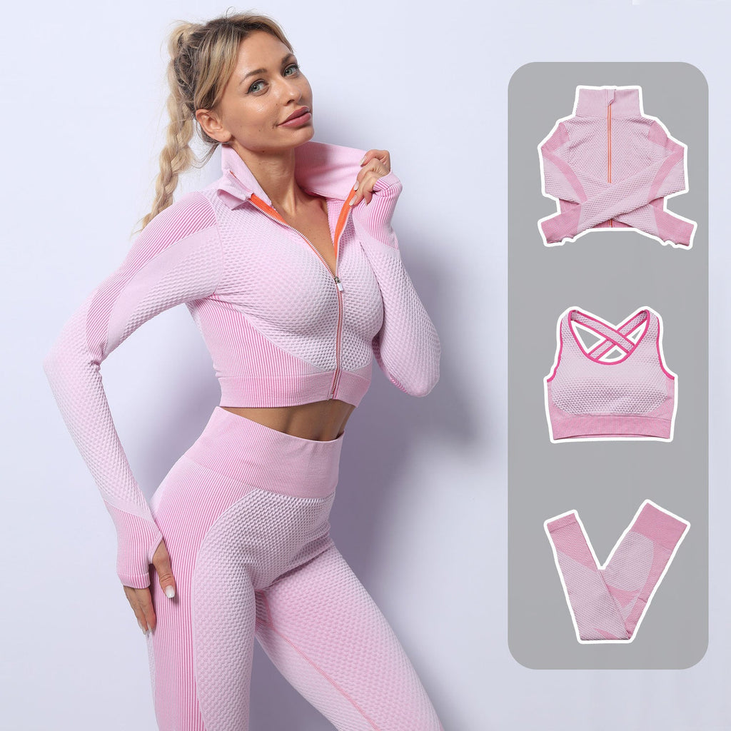 Ensemble de sport stretch trois pièces pour fitness et yoga – pantalon et haut ajustés - IVOIRART.COM