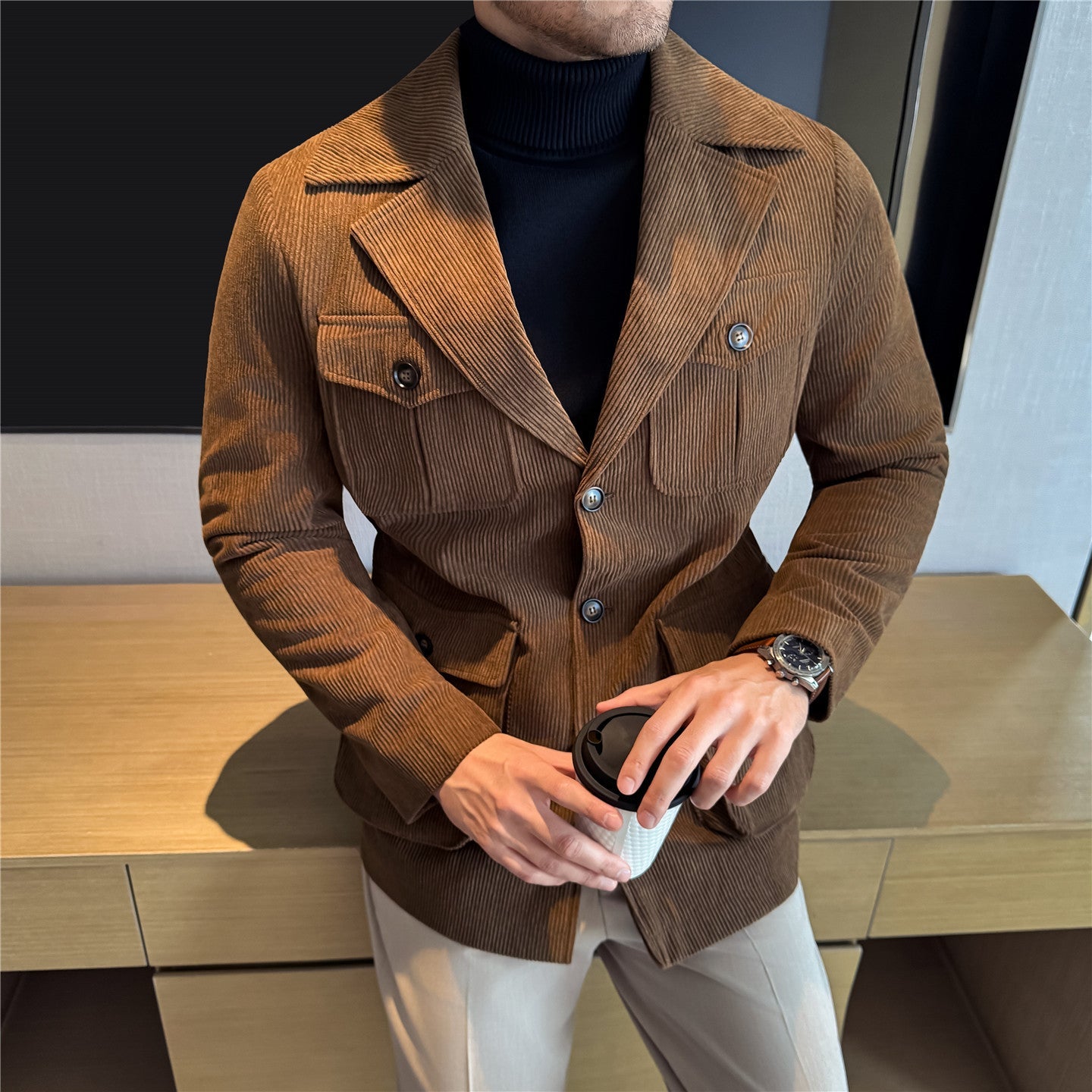 Ensemble décontracté homme mi-long en velours côtelé pour un style élégant - IVOIRART.COM