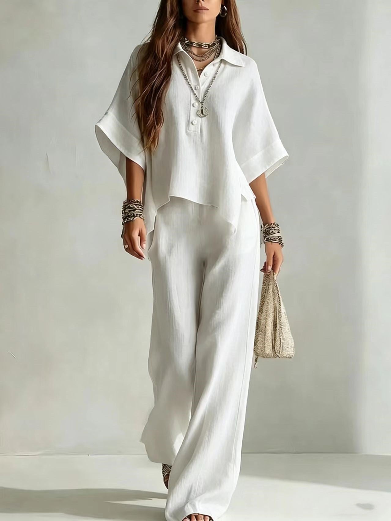 Ensemble Deux Pièces Chemise à Manches Courtes Col Claudine et Pantalon Large - IVOIRART.COM