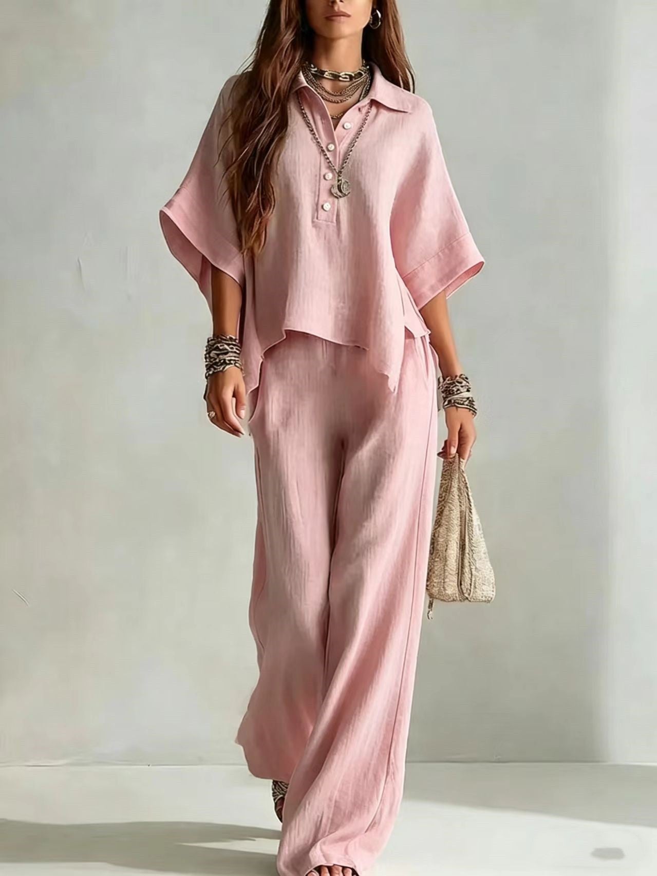 Ensemble Deux Pièces Chemise à Manches Courtes Col Claudine et Pantalon Large - IVOIRART.COM