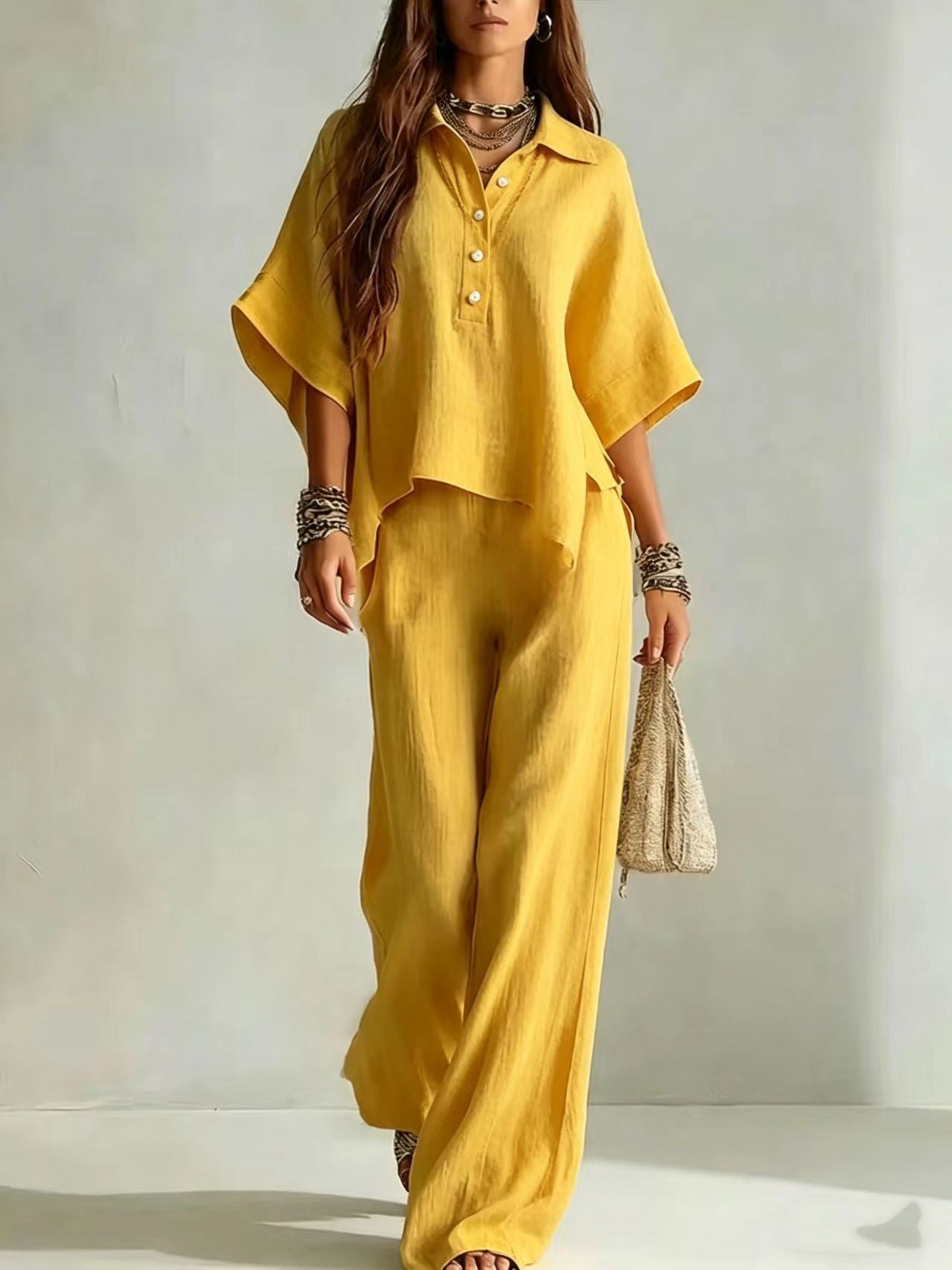 Ensemble Deux Pièces Chemise à Manches Courtes Col Claudine et Pantalon Large - IVOIRART.COM