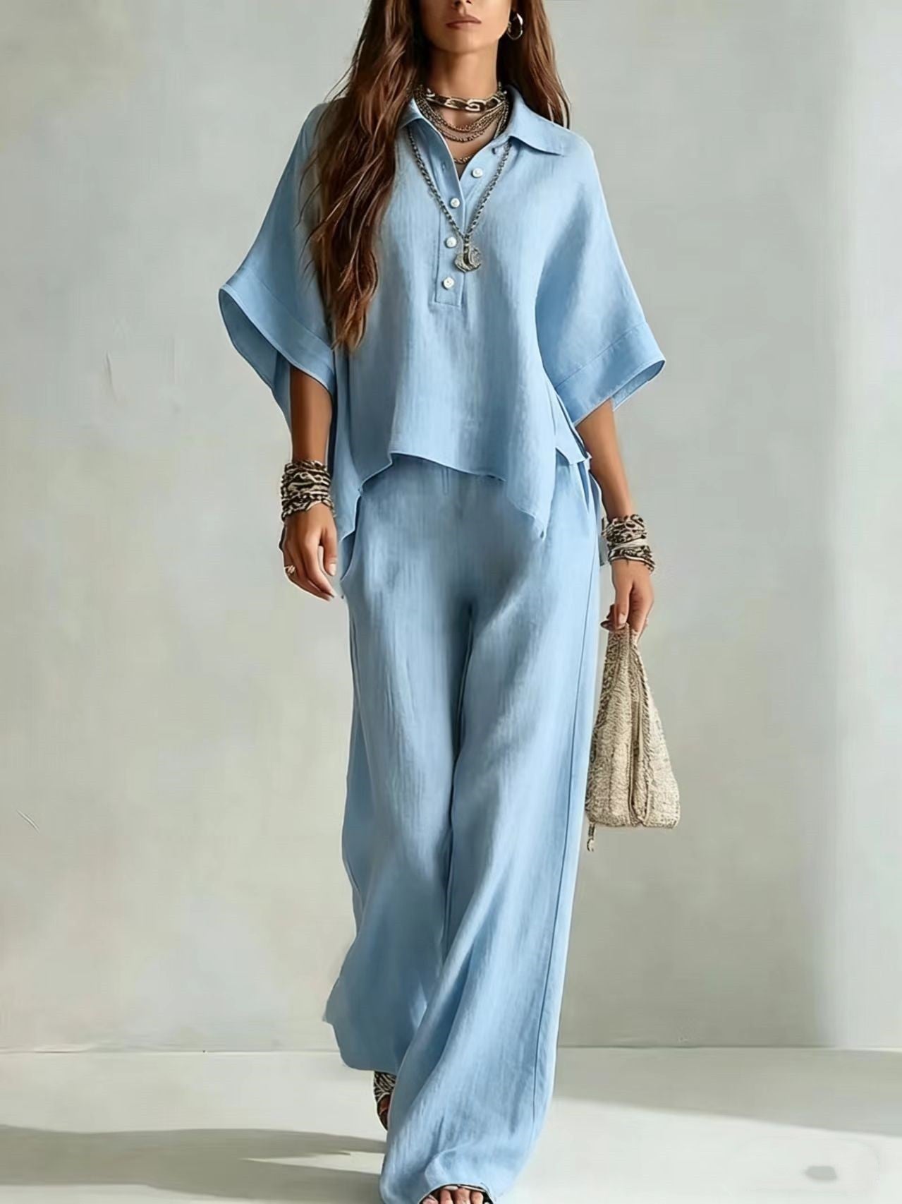 Ensemble Deux Pièces Chemise à Manches Courtes Col Claudine et Pantalon Large - IVOIRART.COM