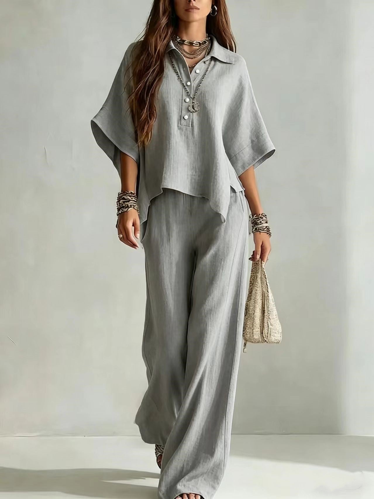 Ensemble Deux Pièces Chemise à Manches Courtes Col Claudine et Pantalon Large - IVOIRART.COM
