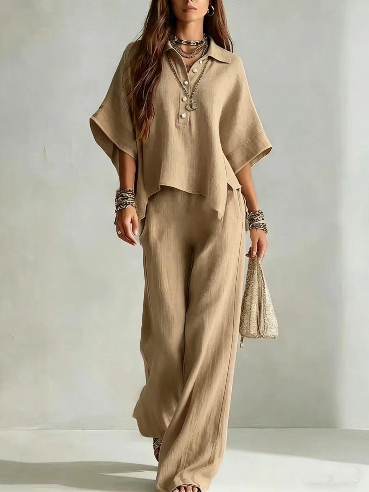 Ensemble Deux Pièces Chemise à Manches Courtes Col Claudine et Pantalon Large - IVOIRART.COM