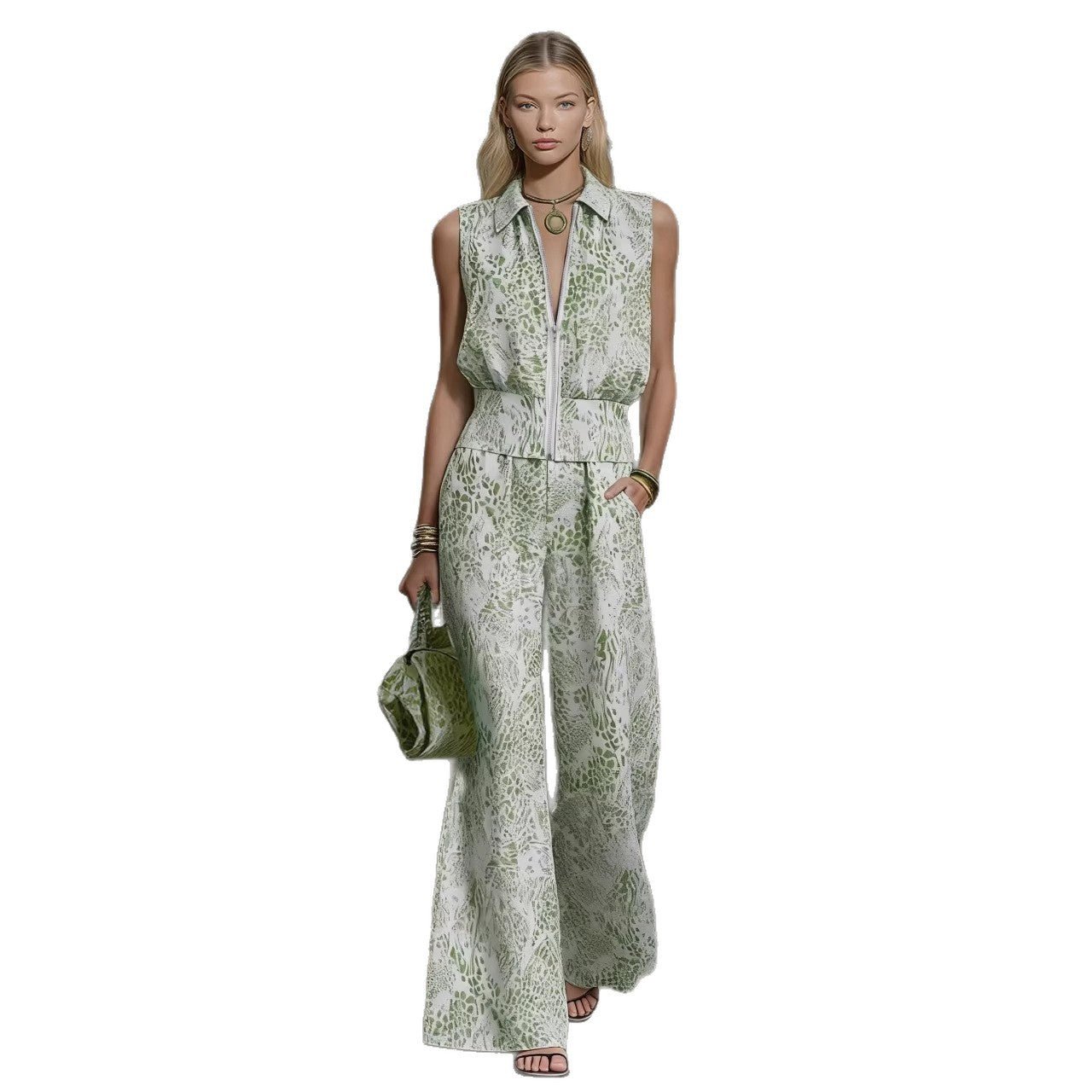 Ensemble deux pièces élégant avec gilet cintré à revers cranté et pantalon large mint - IVOIRART.COM