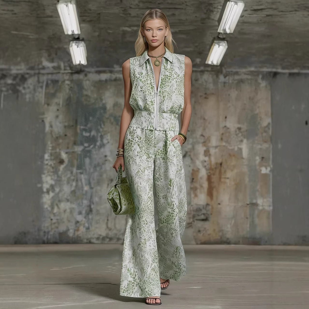 Ensemble deux pièces élégant avec gilet cintré à revers cranté et pantalon large mint - IVOIRART.COM