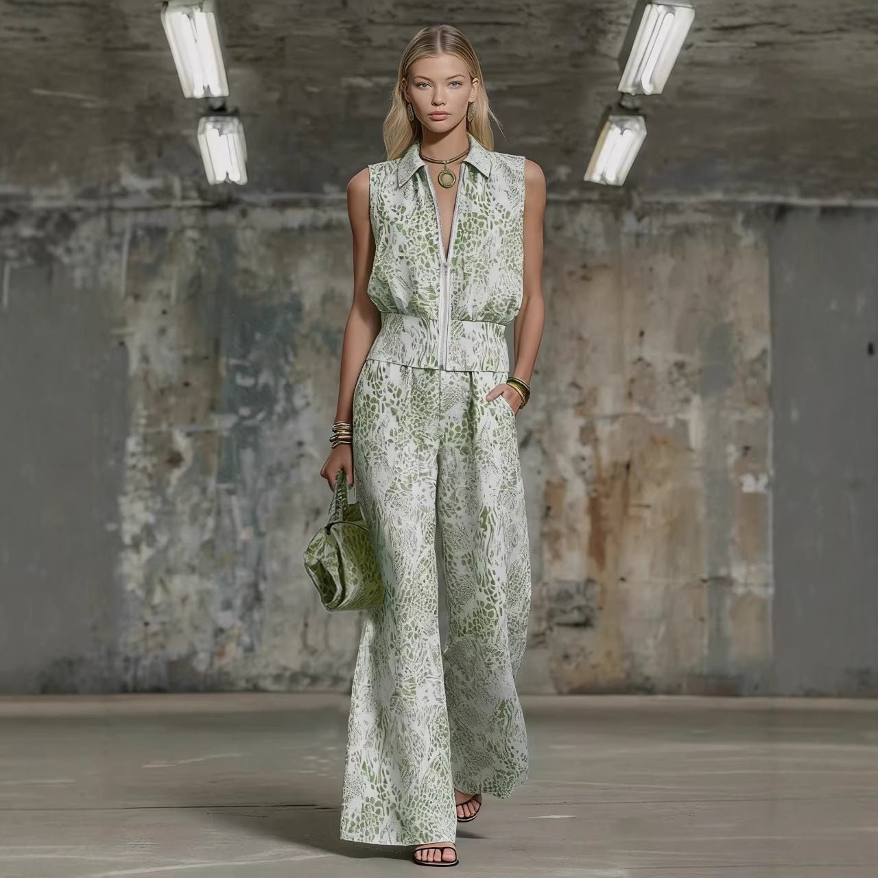Ensemble deux pièces élégant avec gilet cintré à revers cranté et pantalon large mint - IVOIRART.COM