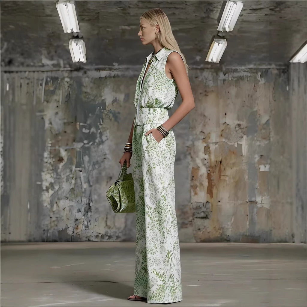 Ensemble deux pièces élégant avec gilet cintré à revers cranté et pantalon large mint - IVOIRART.COM