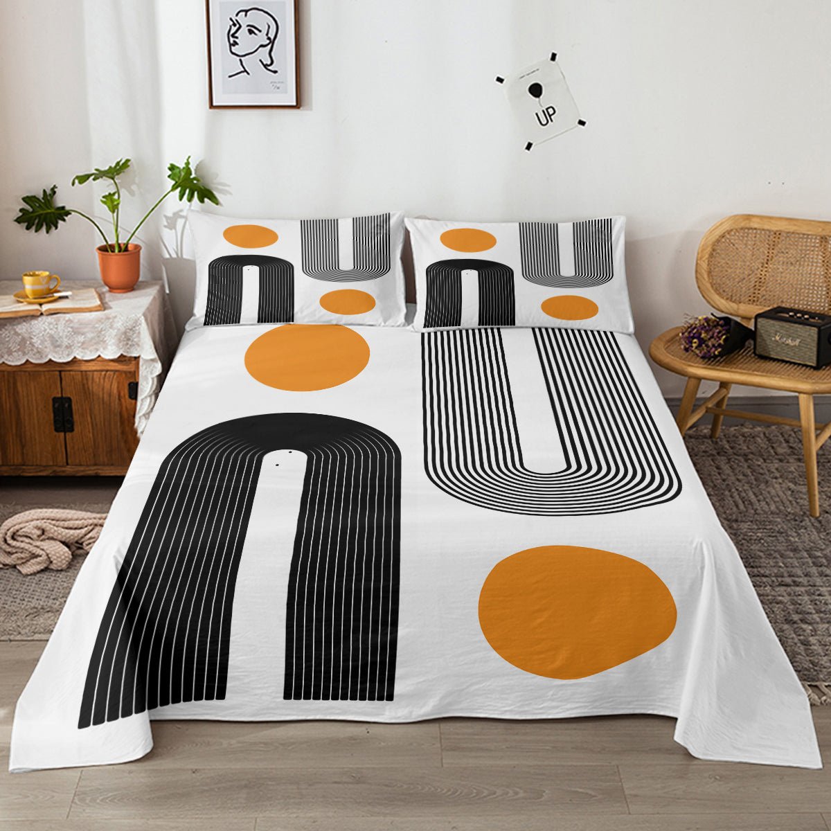 Ensemble draps plats 4 pièces moderne bohème, literie art minimaliste abstrait noir blanc - IVOIRART.COM