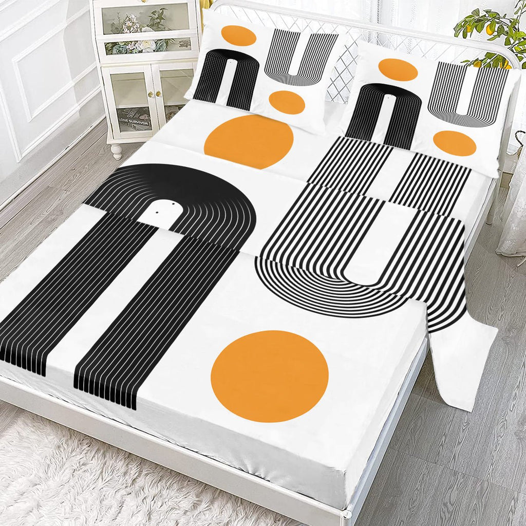 Ensemble draps plats 4 pièces moderne bohème, literie art minimaliste abstrait noir blanc - IVOIRART.COM