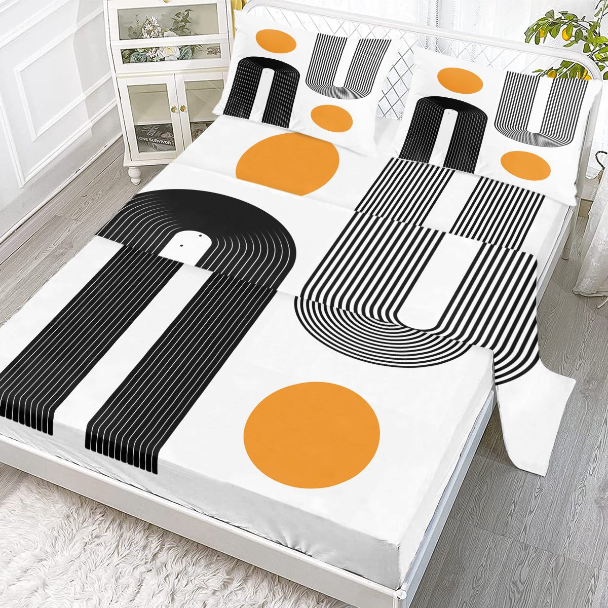 Ensemble draps plats 4 pièces moderne bohème, literie art minimaliste abstrait noir blanc - IVOIRART.COM