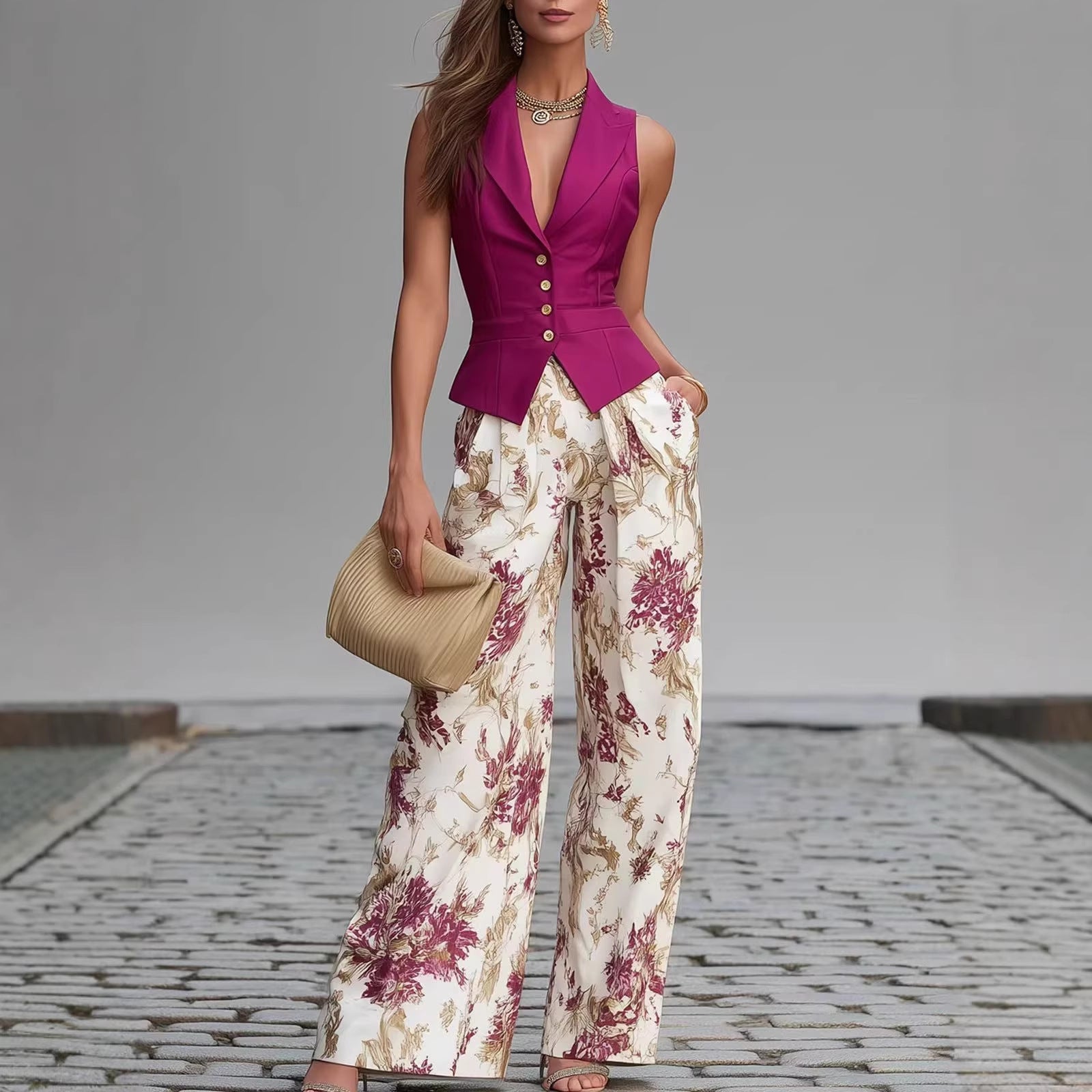 Ensemble élégant deux pièces pour femme : haut sans manches boutonné et pantalon large d'été amincissant - IVOIRART.COM