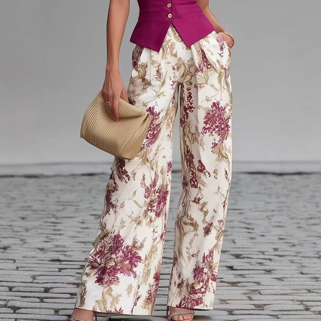 Ensemble élégant deux pièces pour femme : haut sans manches boutonné et pantalon large d'été amincissant - IVOIRART.COM