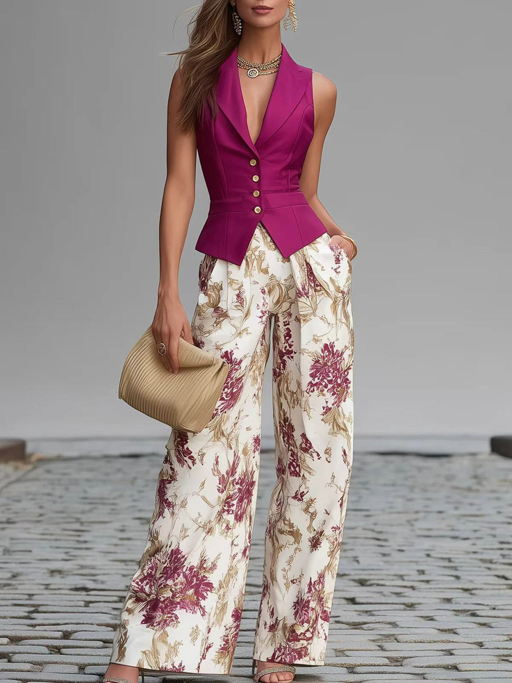 Ensemble élégant deux pièces pour femme : haut sans manches boutonné et pantalon large d'été amincissant - IVOIRART.COM