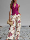 Ensemble élégant deux pièces pour femme : haut sans manches boutonné et pantalon large d'été amincissant - IVOIRART.COM