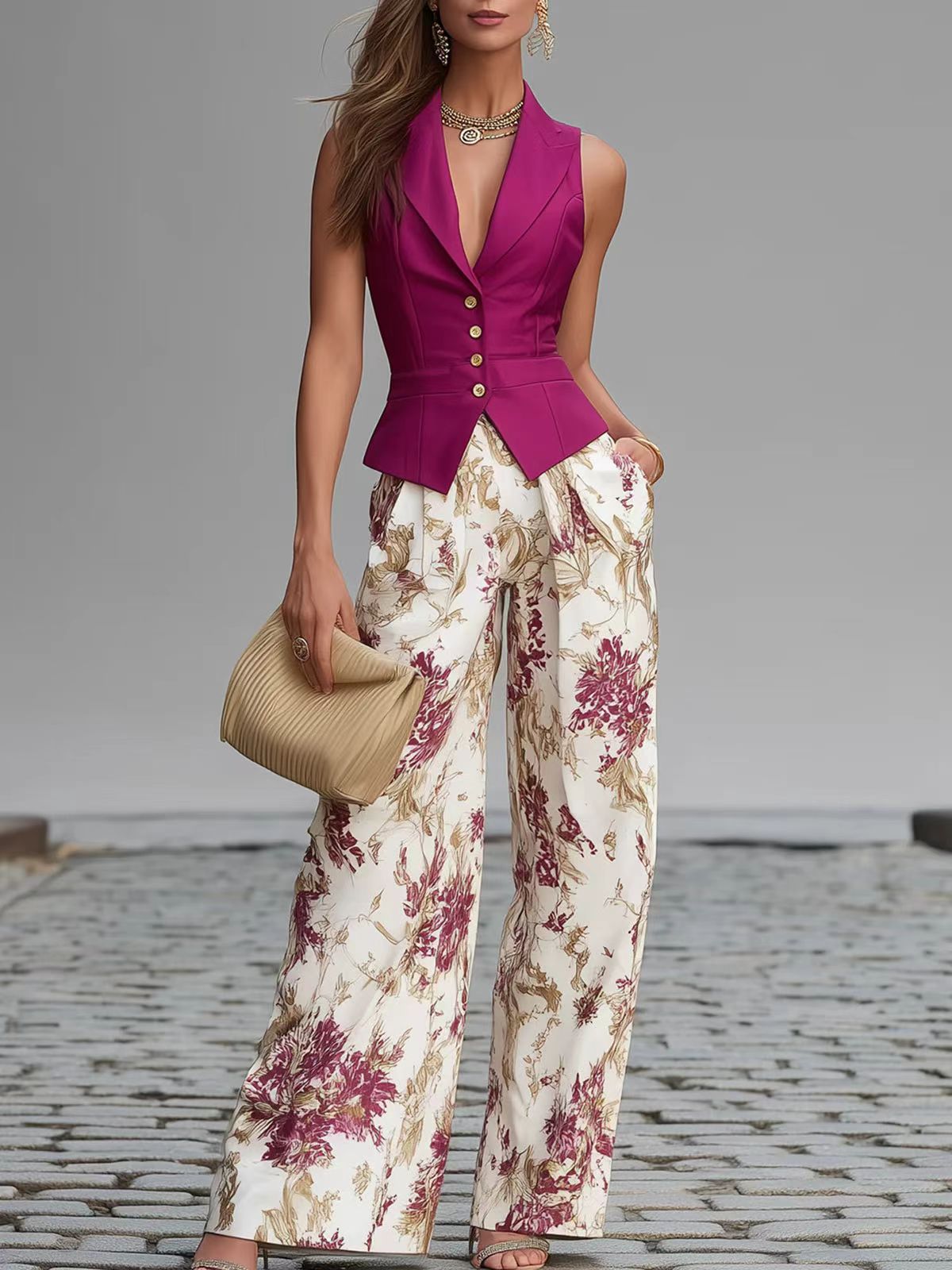 Ensemble élégant deux pièces pour femme : haut sans manches boutonné et pantalon large d'été amincissant - IVOIRART.COM