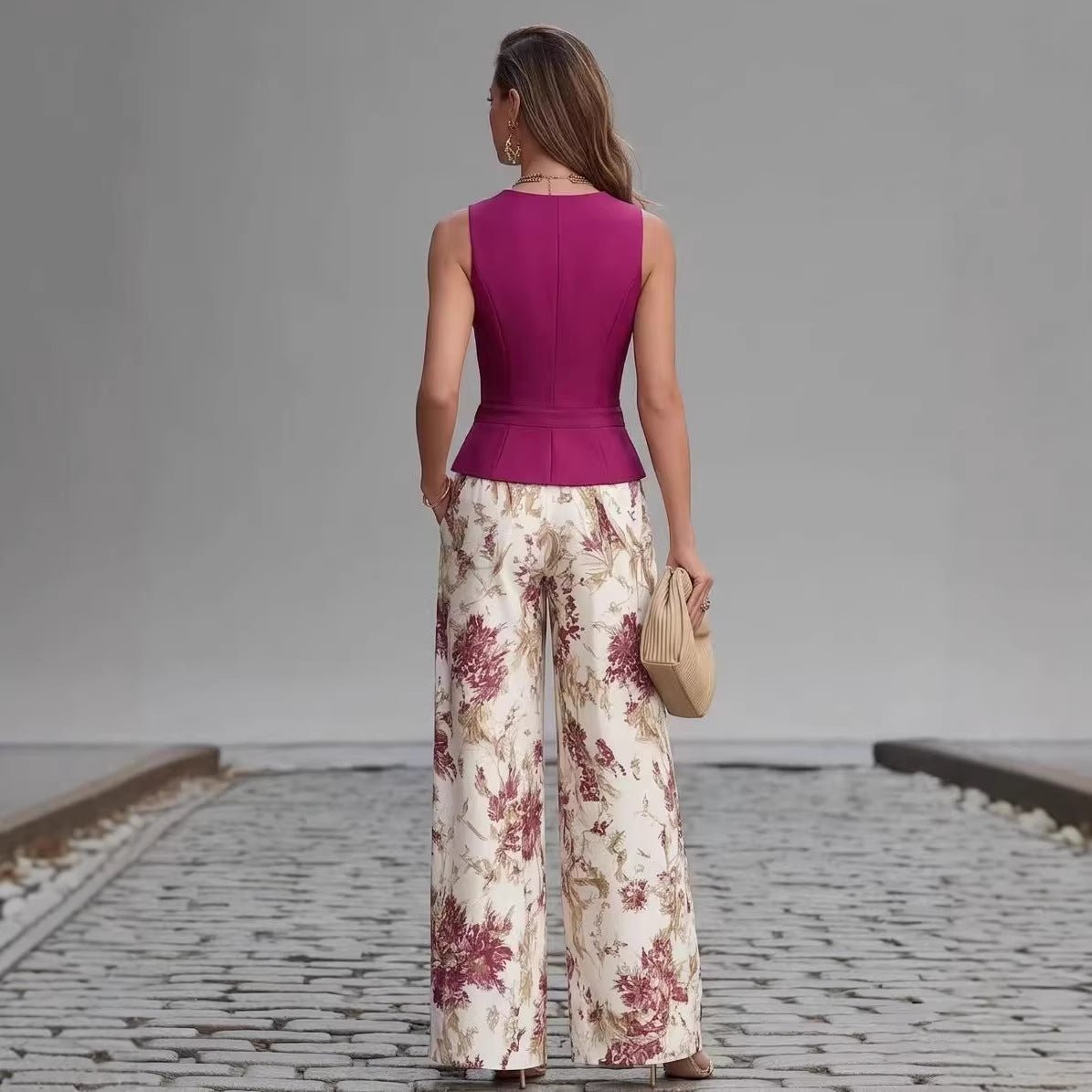 Ensemble élégant deux pièces pour femme : haut sans manches boutonné et pantalon large d'été amincissant - IVOIRART.COM