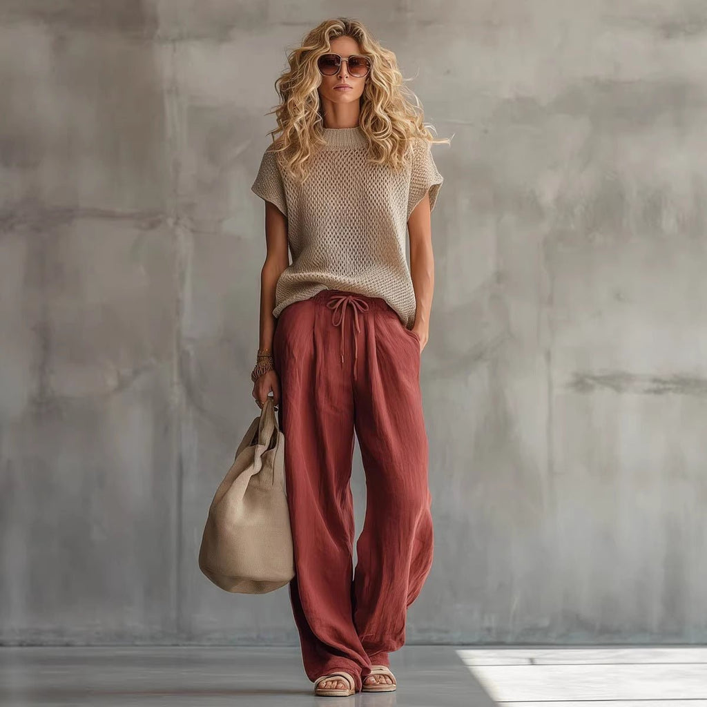 Ensemble femme rétro haut en maille manches courtes et costume pantalon brique ! - IVOIRART.COM
