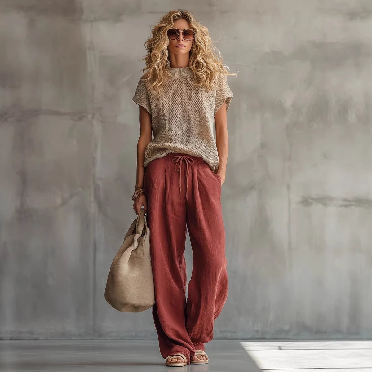 Ensemble femme rétro haut en maille manches courtes et costume pantalon brique ! - IVOIRART.COM