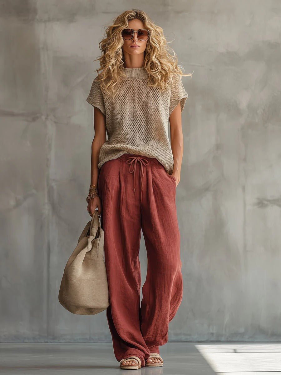 Ensemble femme rétro haut en maille manches courtes et costume pantalon brique ! - IVOIRART.COM