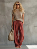 Ensemble femme rétro haut en maille manches courtes et costume pantalon brique ! - IVOIRART.COM