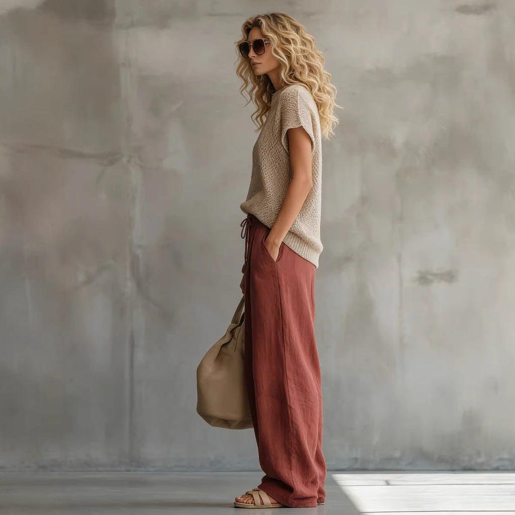Ensemble femme rétro haut en maille manches courtes et costume pantalon brique ! - IVOIRART.COM