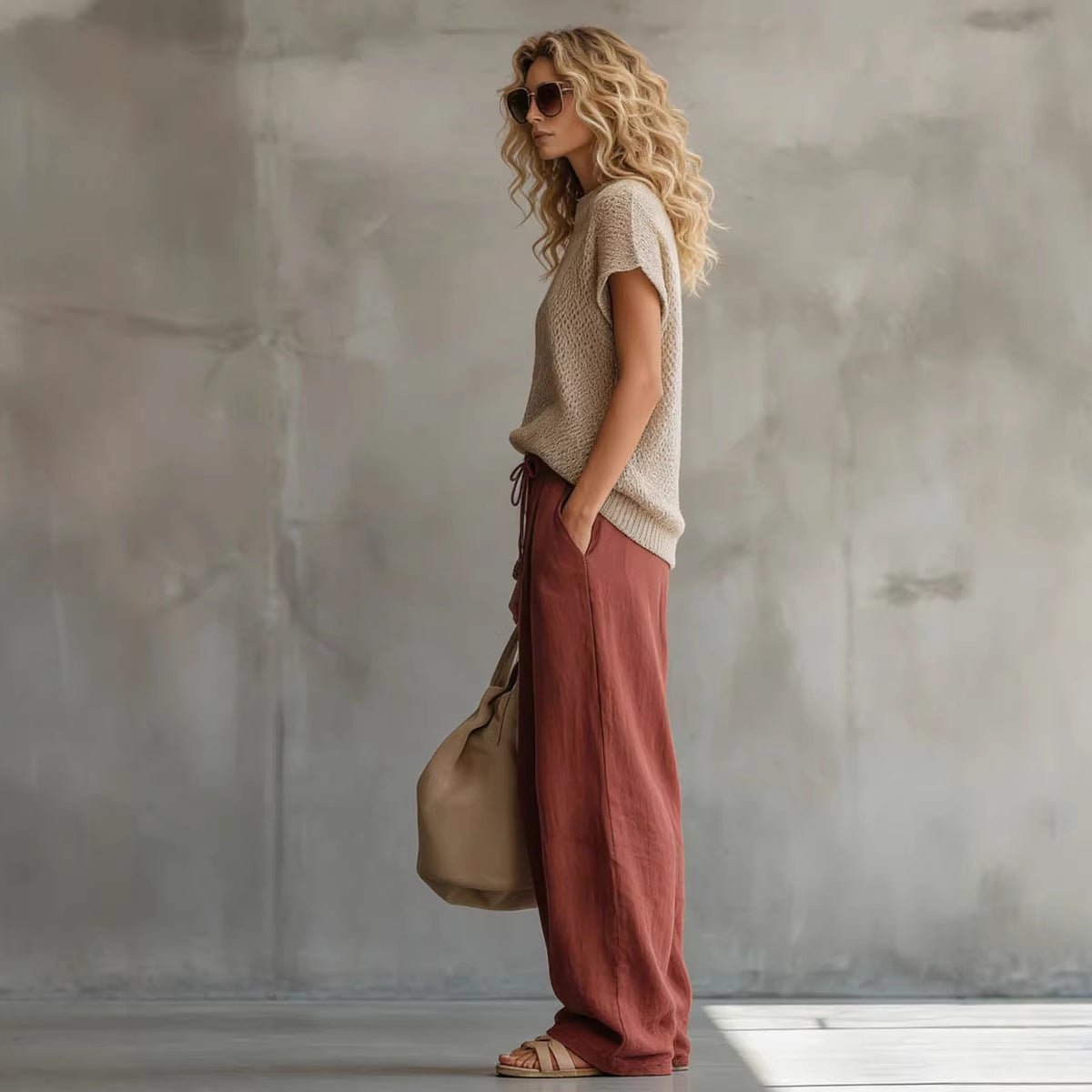 Ensemble femme rétro haut en maille manches courtes et costume pantalon brique ! - IVOIRART.COM