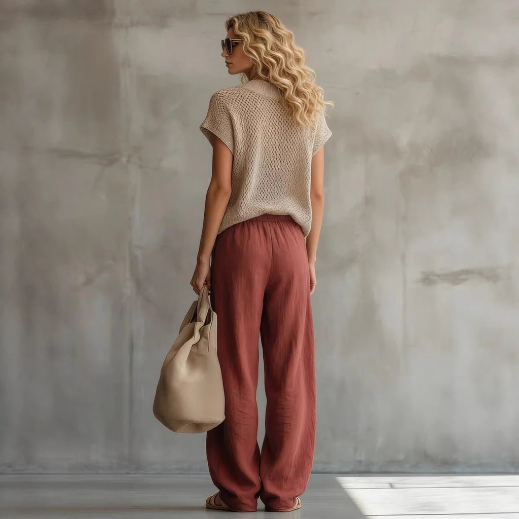 Ensemble femme rétro haut en maille manches courtes et costume pantalon brique ! - IVOIRART.COM