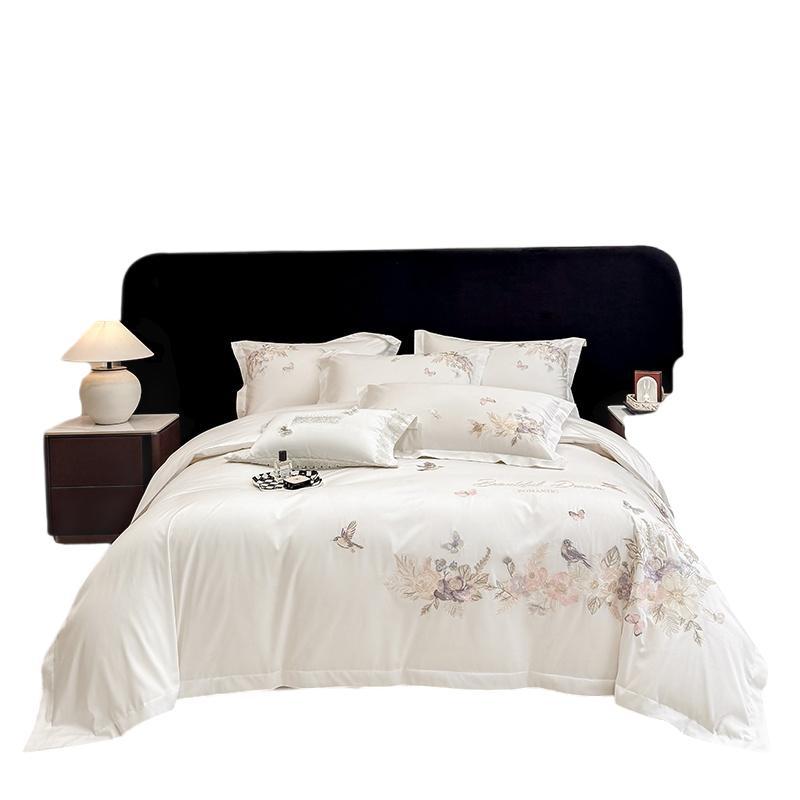 Ensemble literie 4 pièces coton long fil brodé fleurs housse de couette et draps - IVOIRART.COM