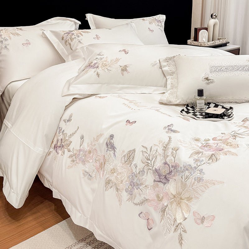 Ensemble literie 4 pièces coton long fil brodé fleurs housse de couette et draps - IVOIRART.COM