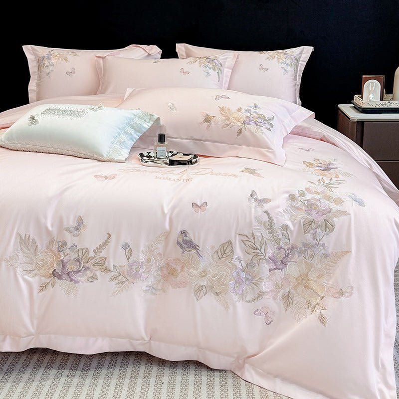 Ensemble literie 4 pièces coton long fil brodé fleurs housse de couette et draps - IVOIRART.COM