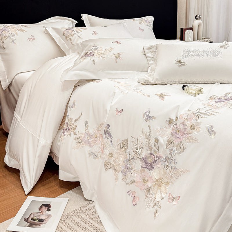 Ensemble literie 4 pièces coton long fil brodé fleurs housse de couette et draps - IVOIRART.COM