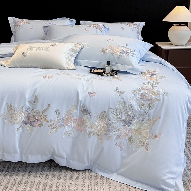 Ensemble literie 4 pièces coton long fil brodé fleurs housse de couette et draps - IVOIRART.COM