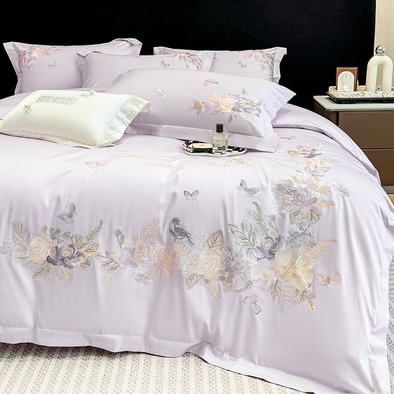 Ensemble literie 4 pièces coton long fil brodé fleurs housse de couette et draps - IVOIRART.COM