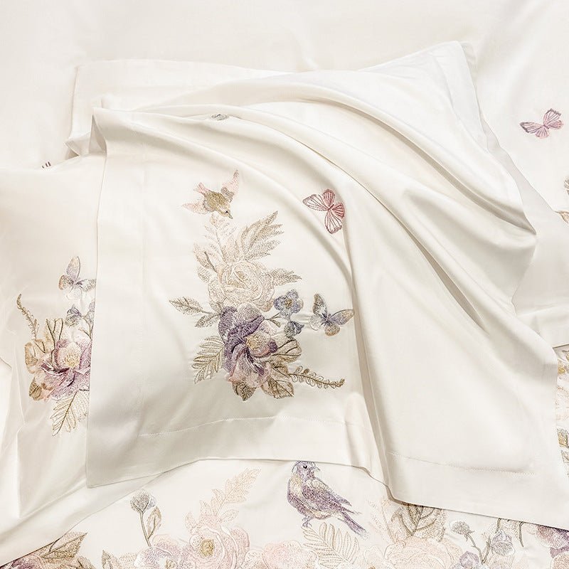 Ensemble literie 4 pièces coton long fil brodé fleurs housse de couette et draps - IVOIRART.COM