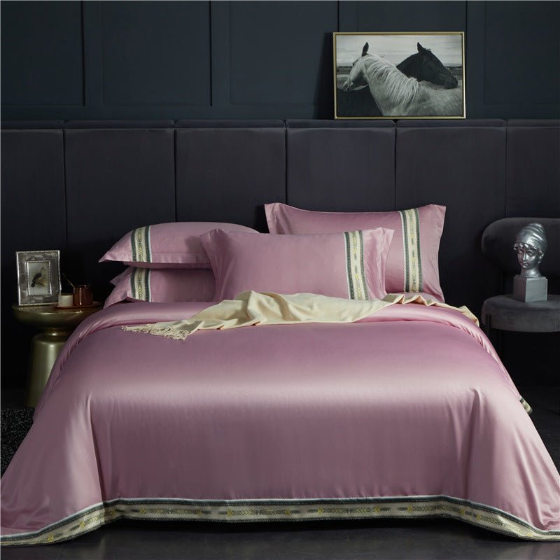 Ensemble Quatre Pièces Draps en Satin de Soie Lavée à Rayures, Couleur Unie Glacée - IVOIRART.COM