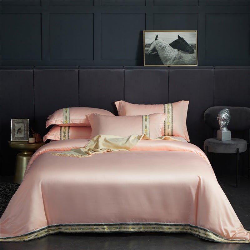 Ensemble Quatre Pièces Draps en Satin de Soie Lavée à Rayures, Couleur Unie Glacée - IVOIRART.COM