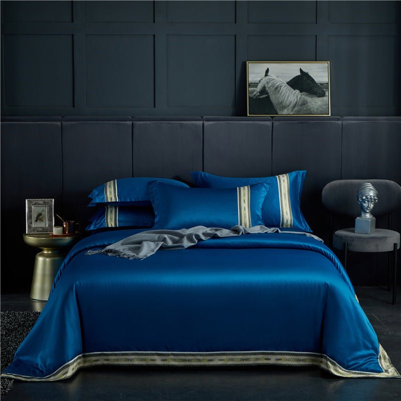Ensemble Quatre Pièces Draps en Satin de Soie Lavée à Rayures, Couleur Unie Glacée - IVOIRART.COM