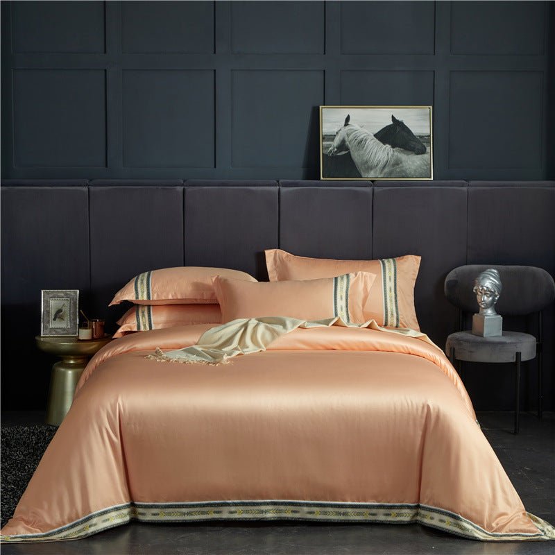 Ensemble Quatre Pièces Draps en Satin de Soie Lavée à Rayures, Couleur Unie Glacée - IVOIRART.COM
