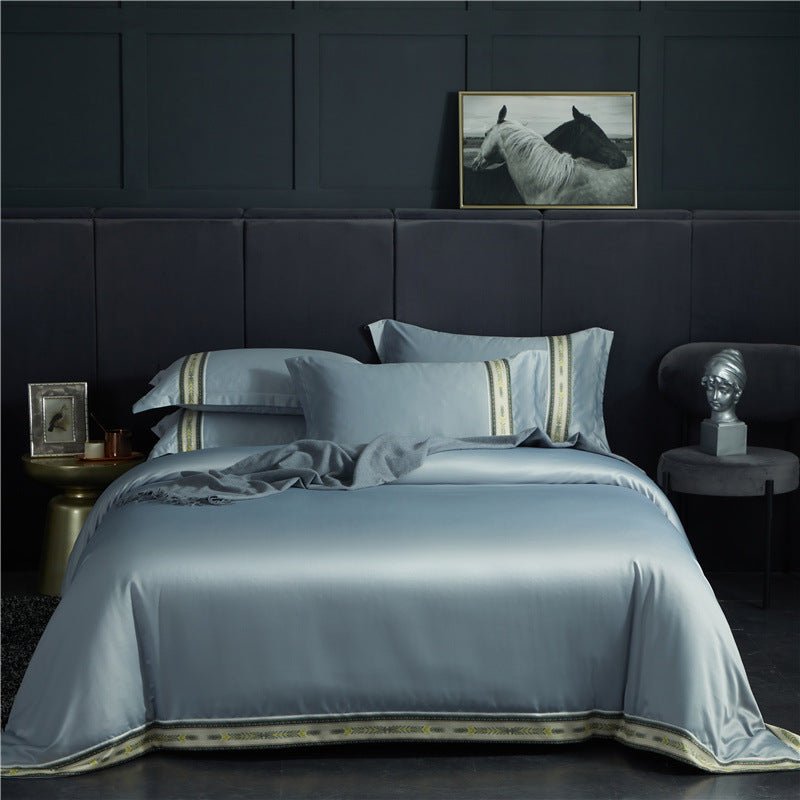 Ensemble Quatre Pièces Draps en Satin de Soie Lavée à Rayures, Couleur Unie Glacée - IVOIRART.COM